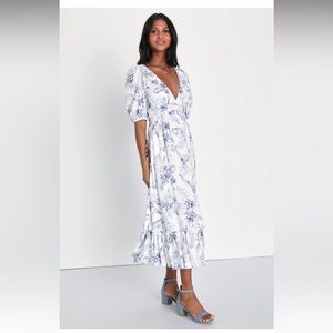 Precious Forever White Floral Puff Sleeve Backless Midi Dress Lulus